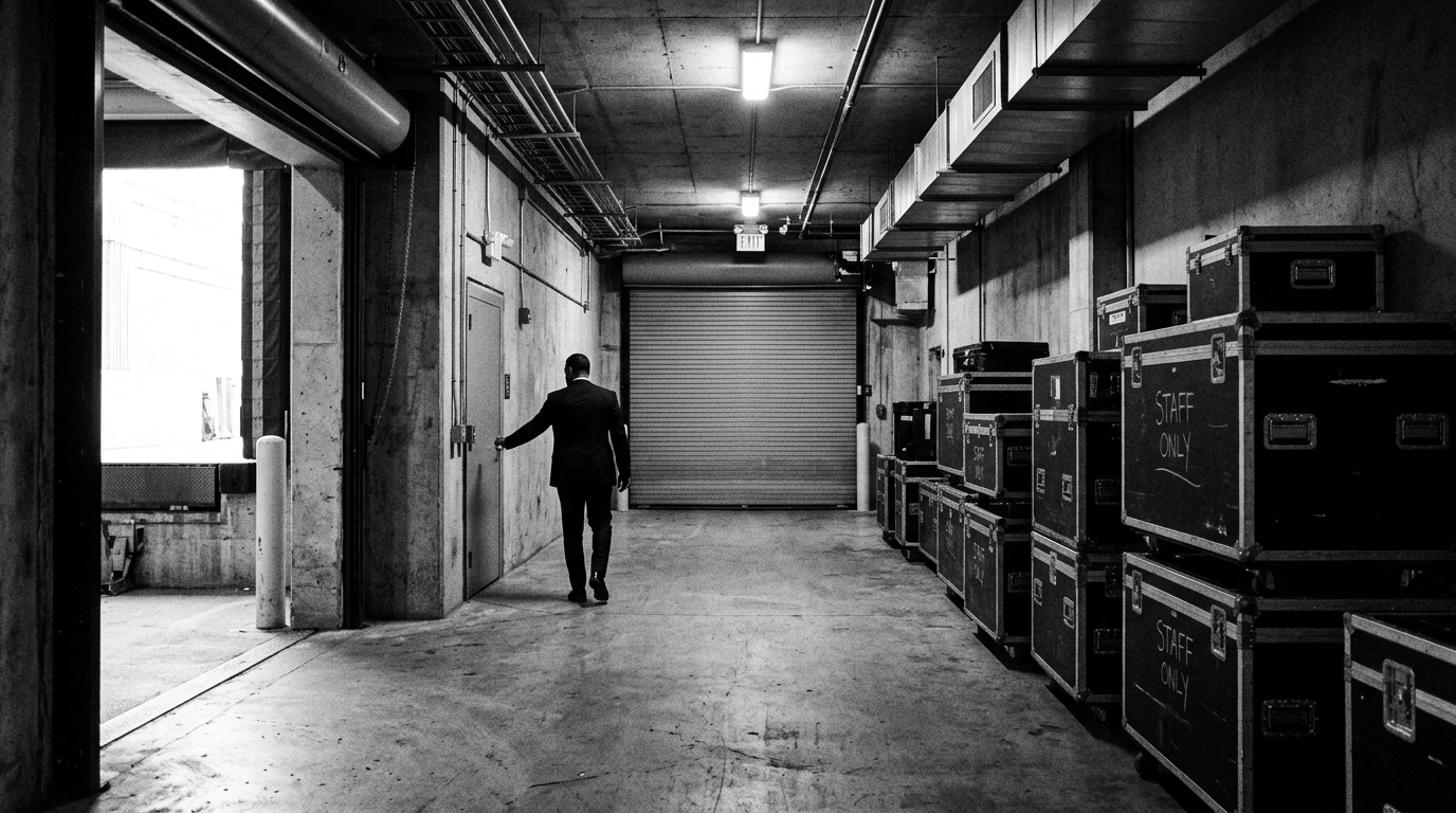 Executive protection agent conducting advance work in a back-of-house service corridor before a client movement